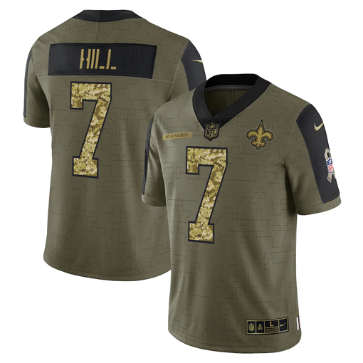 Men's New Orleans Saints #7 Taysom Hill 2021 Olive Camo Salute To Service Limited Stitched Jersey Men's New Orleans Saints #7 Taysom Hill 2021 Olive Camo Salute To Service Limited Stitched Jersey